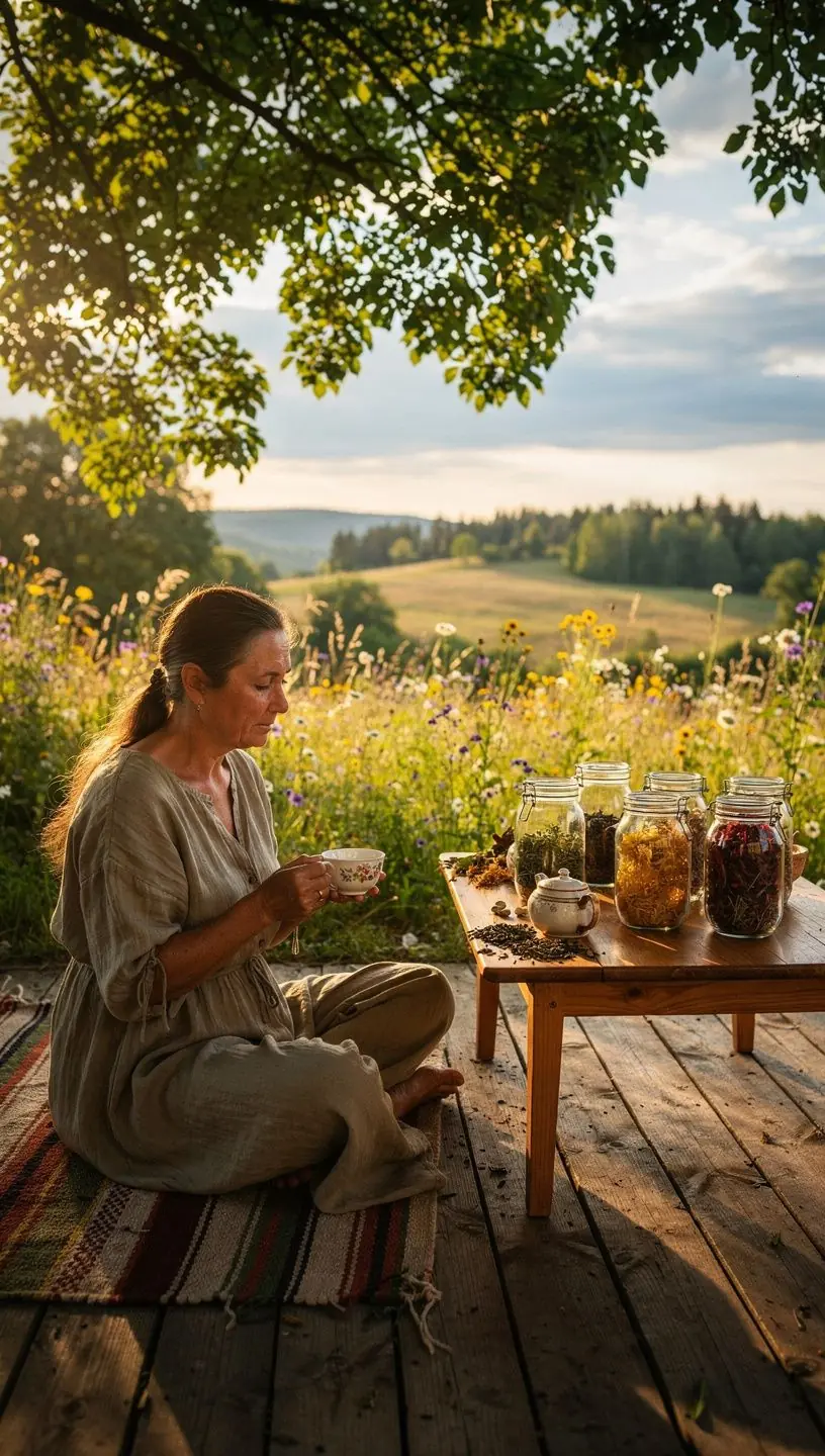 Klasikinis arbatinukas su žolelių arbata ir garuojančiu puodeliu šalia žolelių maišelių