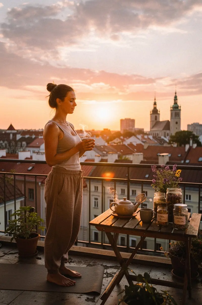 Rytinė saulė apšviečia stiklinius indus su įvairiomis džiovintomis žolelėmis arbatai ruošti