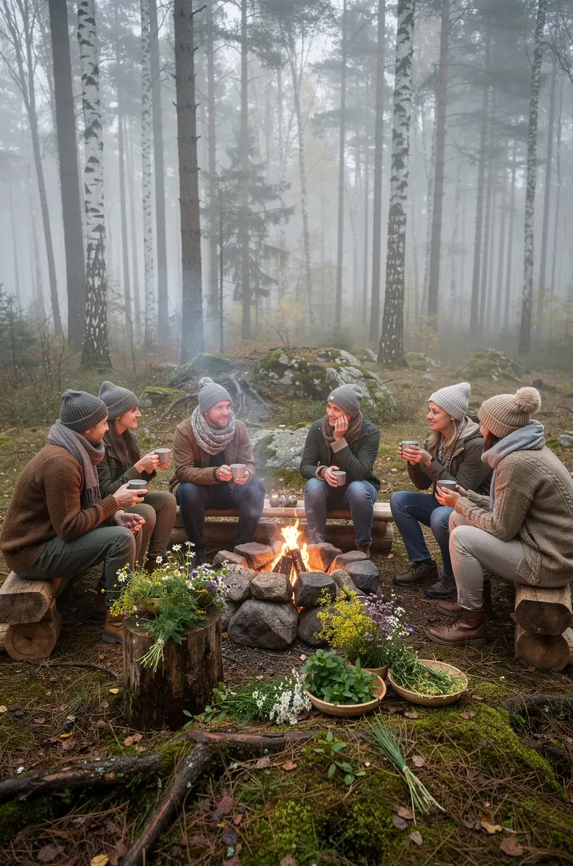 Šviežių žolelių arbatos puodelis ant medinio stalo ramiai apšviestas natūralios šviesos